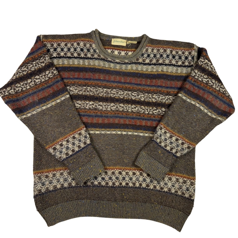 Vintage St Johns Bay XL Fair Isle Wool Blend Sweater Brown Stripe Streetwear 90s
